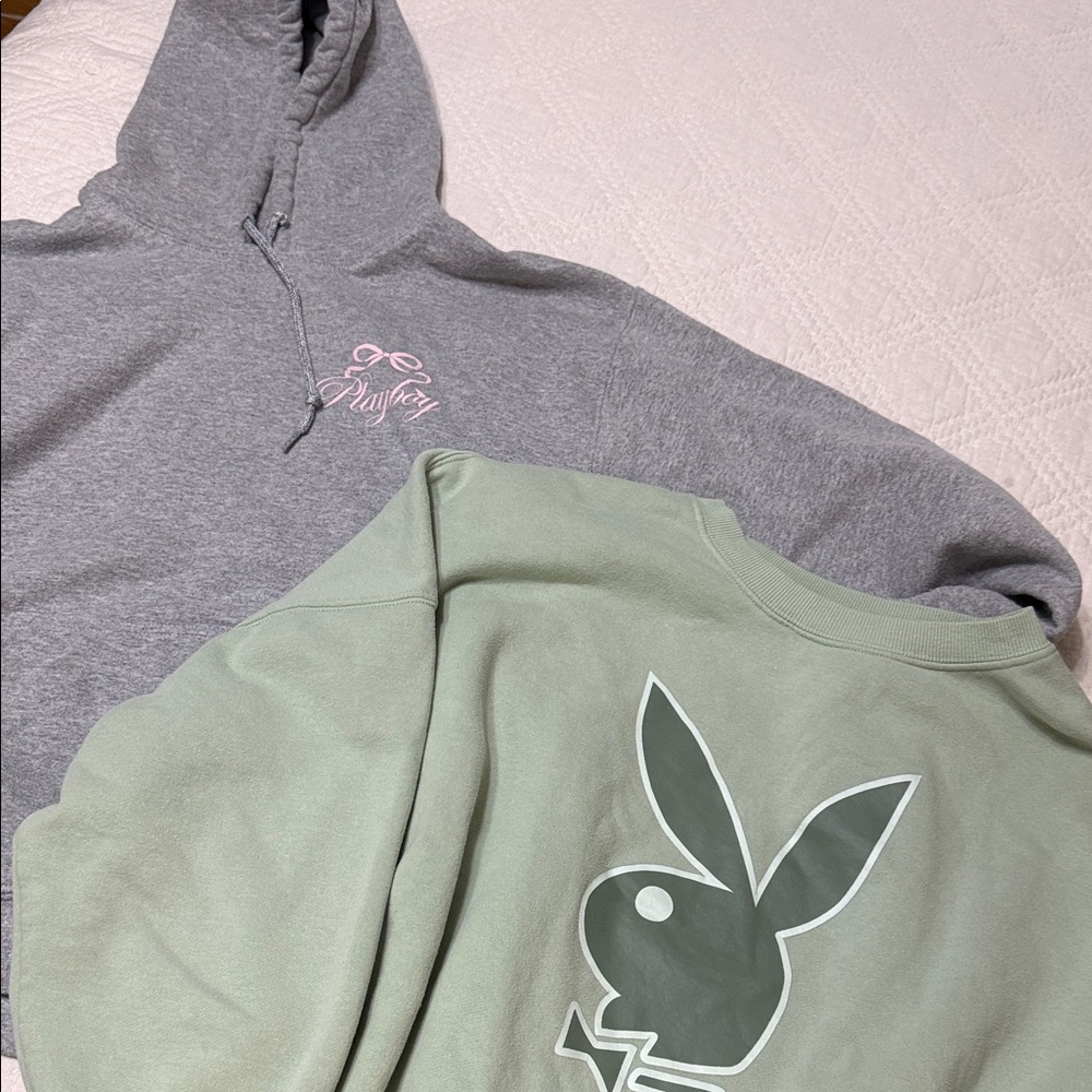 2 Playboy women’s size medium gray hoodie and size smGreen crewneck sweatshirts